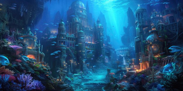 An underwater city with bioluminescent coral resplendent