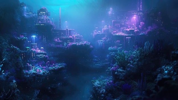 Foto una città sottomarina con coralli bioluminescenti splendenti