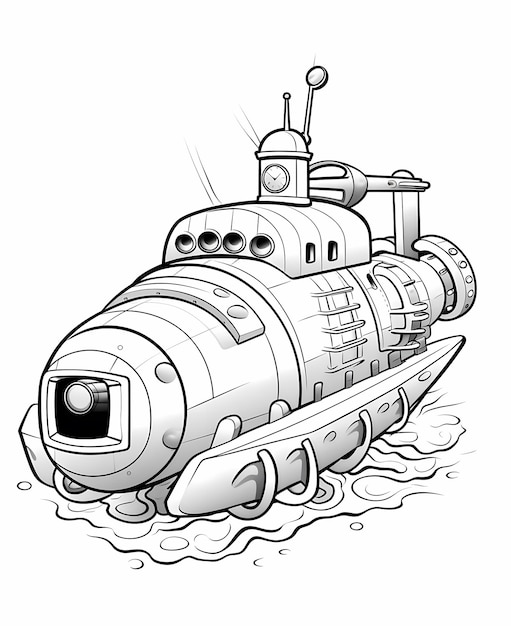 Photo underwater coloring page of a cartoon submarine surrounded by fish