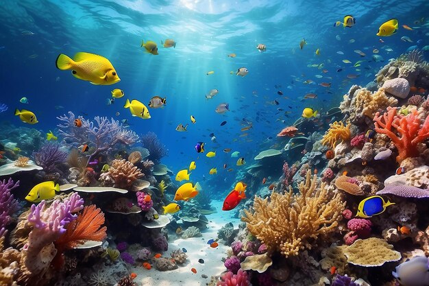 Underwater coral reef landscape super wide banner background in the deep blue ocean with colorful fish and marine life