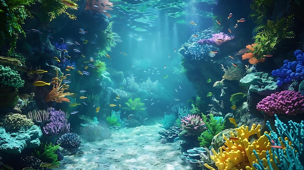 Photo underwater coral reef with a variety of fish and marine life