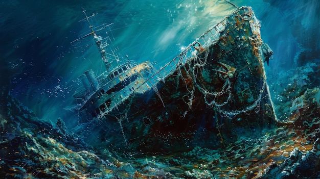 underwater a derelict ship a digital paintings