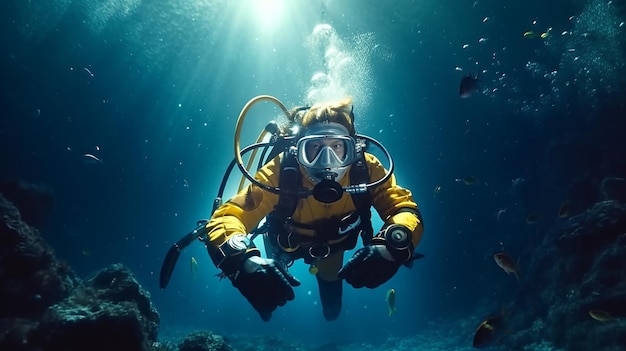 深海潜水中の水中ダイバー 生成 AI