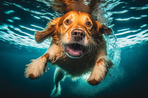 Photo underwater diving happy dog generative ai