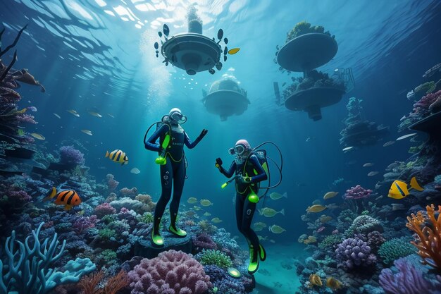 Underwater diving sport deep sea landscape freediving instructor swimming in blue sea water