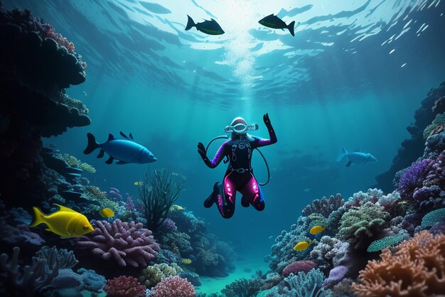 Underwater diving sport deep sea landscape freediving instructor swimming in blue sea water