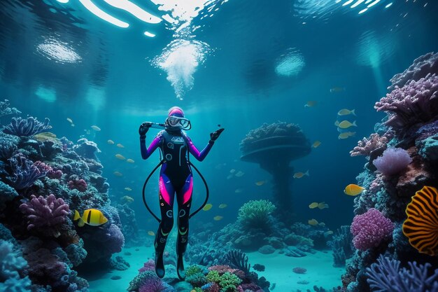 Underwater diving sport deep sea landscape freediving instructor swimming in blue sea water