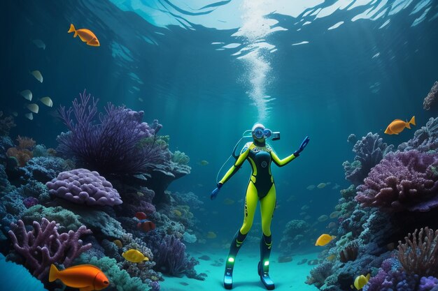 Underwater diving sport deep sea landscape freediving instructor swimming in blue sea water