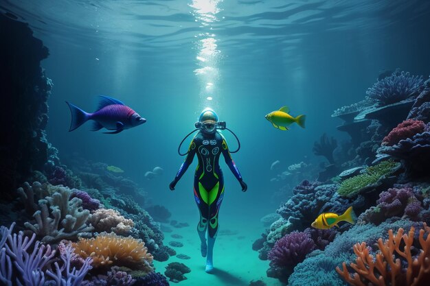 Underwater diving sport deep sea landscape freediving instructor swimming in blue sea water