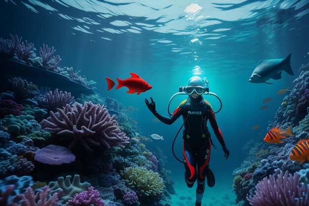 Underwater diving sport deep sea landscape freediving instructor swimming in blue sea water