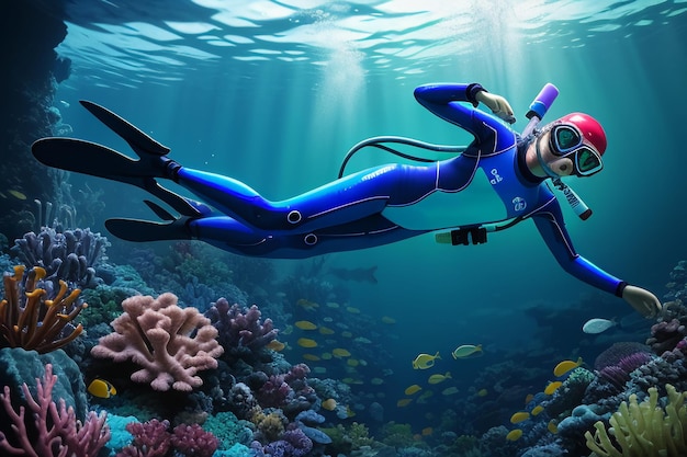 水中ダイビングスポーツ深海風景青い海水で泳ぐフリーダイビングインストラクター