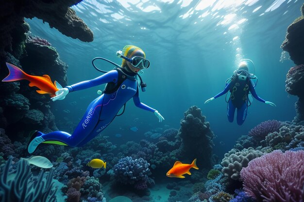 Underwater diving sport deep sea landscape freediving instructor swimming in blue sea water