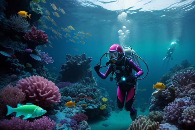 Underwater diving sport deep sea landscape freediving instructor swimming in blue sea water