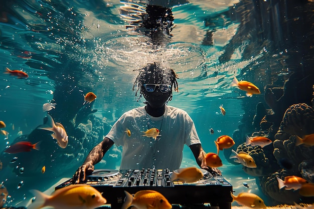 Foto dj sottomarino che mescola musica circondato da pesci