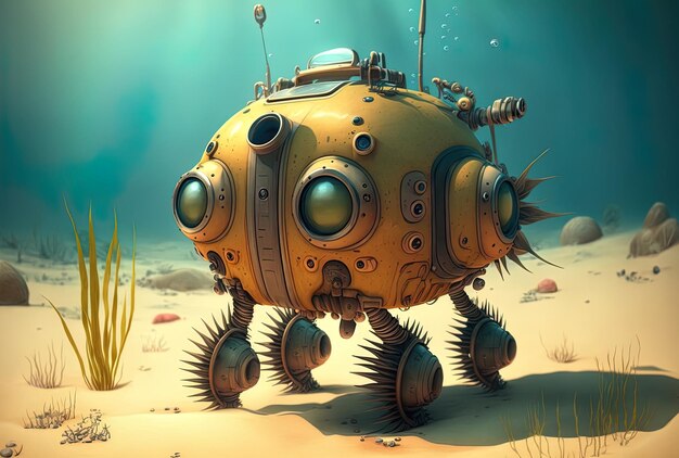 The underwater exploration robot is seen standing on a sandy bottom