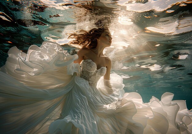 Photo an underwater fairytale bride in white dress swims gracefully