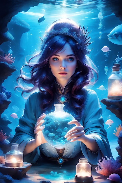 An underwater female alchemist creating potions