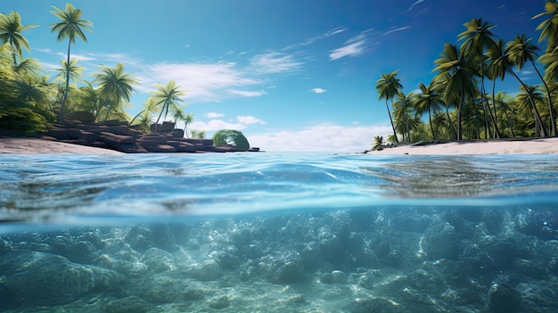 Underwater fish eye photo view splits half calm beach with land palm trees and coral reef sea