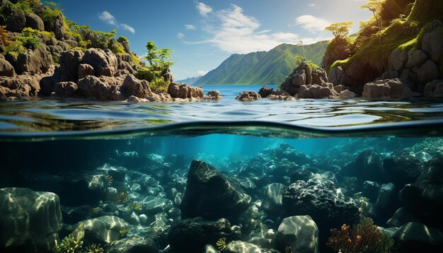 Foto i pesci sott'acqua nuotano nel paesaggio marino tropicale blu esplorando il corallo generato dall'intelligenza artificiale