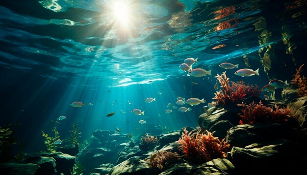 Foto i pesci sott'acqua nuotano nella vibrante barriera corallina sotto l'acqua blu generata dall'intelligenza artificiale