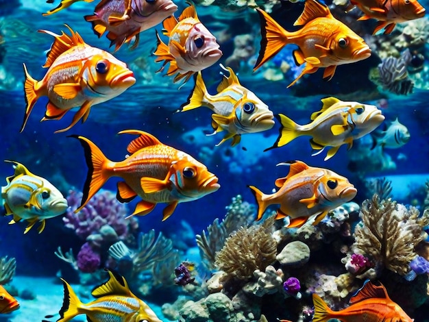 Подводные рыбы, плавающие в тропической голубой воде, изобилуют яркими цветами