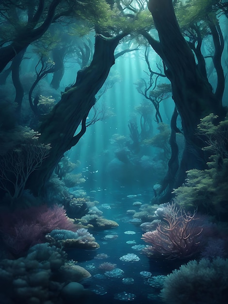 Подводный лес - подробная иллюстрация, изображающая загадочный лес,  созданный ай. | Премиум Фото