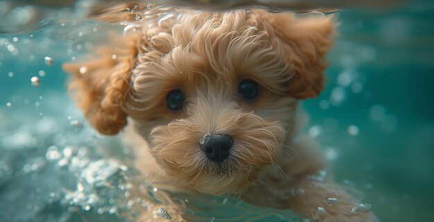 Underwater funny photo of brown maltipoo puppy in the pool playing with fun jumping diving deep down
