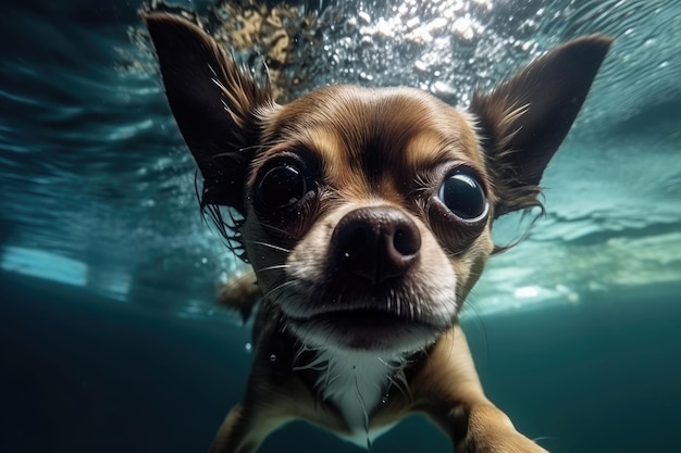 Divertente foto subacquea di un chihuahua che si tuffa in profondità primo piano foto subacquea ia generativa