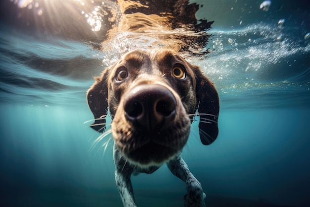 Underwater funny photo of dog dive deep down Summer vacation with pet Closeup underwater photo of a dog Activities training classes with dogs Generative AI illustration