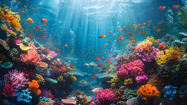 Underwater garden of vibrant corals fish and aquatic plants in the ocean