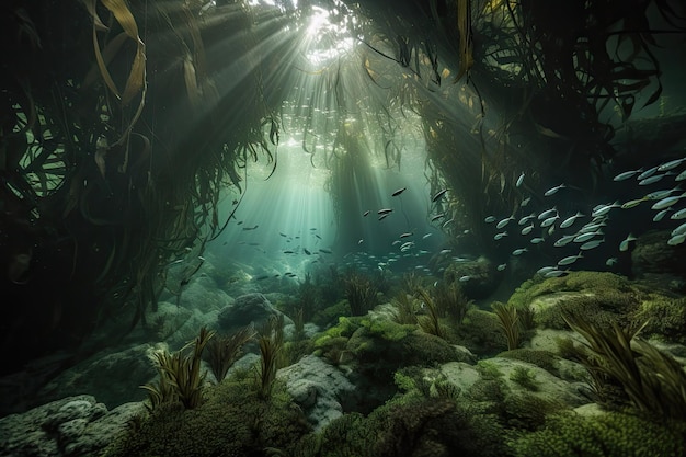 Underwater garden with schools of fish swimming among the kelp fronds created with generative ai