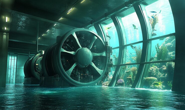 Photo an underwater generator room with large turbines