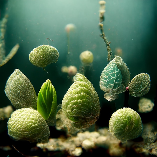 さまざまな海の植物と水中の緑の背景 水中シーン