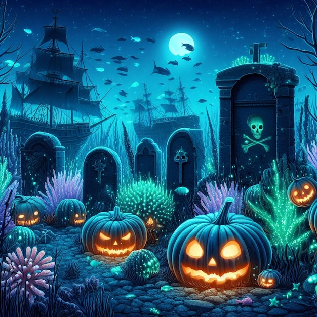 Photo underwater halloween graveyard with scary fish and glowing pumpkins