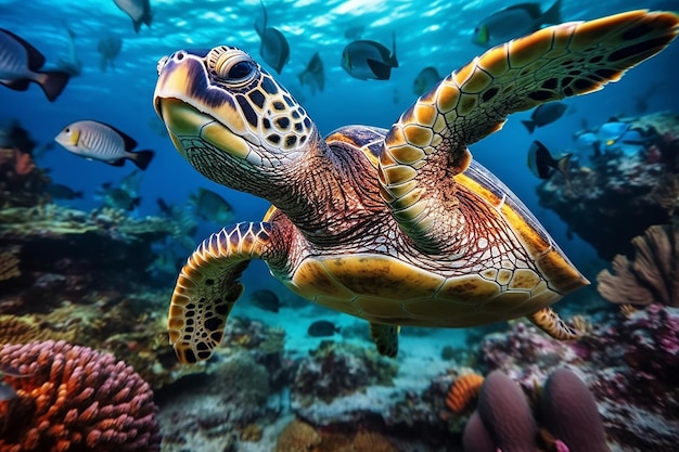 Underwater Harmony Turtle met groep kleurrijke vissen en zeedieren in artistieke stijl