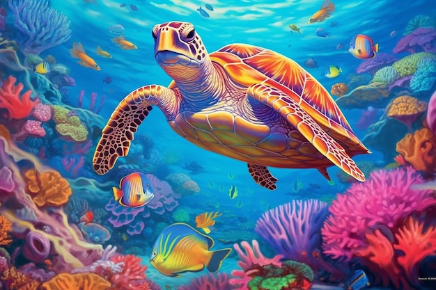 Underwater harmony turtle with group of colorful fish and sea animals in artistic style