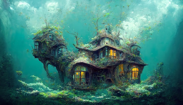 Underwater house concept art illustration