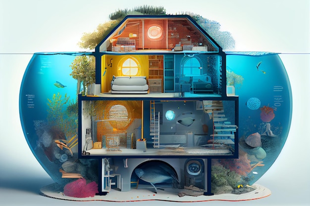 Underwater house in sectional view Home concept Generative AI