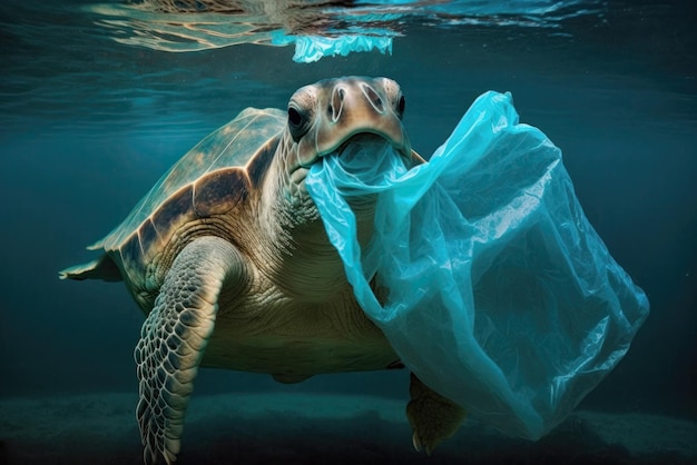 Underwater illustration of sea green turtle eats plastic bag