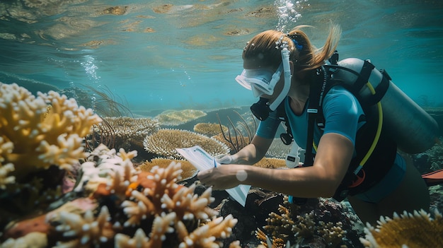 Foto immagine sottomarina di una subacquea in tuta blu e maschera che esplora una barriera corallina sta prendendo appunti su un blocco