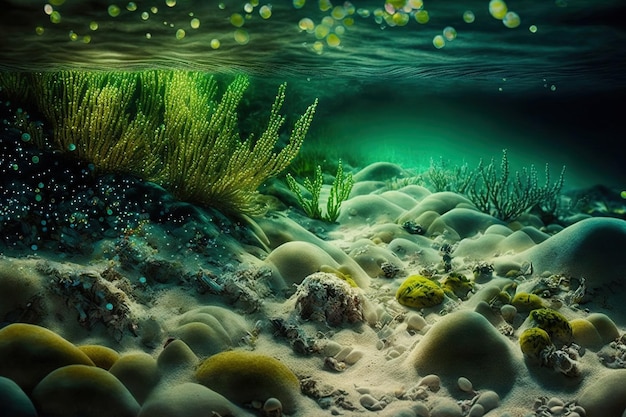 Underwater image of a seabed with fine sand and pebbles coated with algae abstract oceanic backdrop