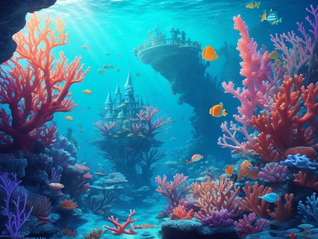 Underwater kingdom of the sea striped fish swim