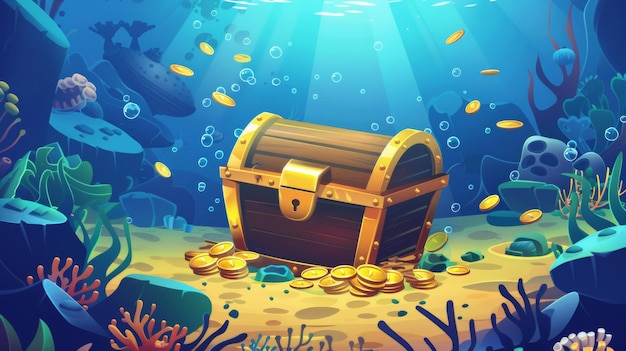 An underwater kingdom with corals and algae surrounds a wooden treasure chest with gold coins Cartoon modern illustration of a box with gold on sand