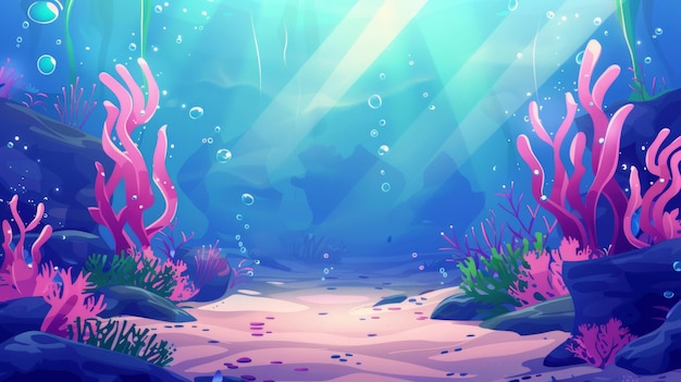 An underwater landscape of coral reefs plants and air bubbles Illustration of sand with coral reefs green plants sunlight penetrating the water deep ocean flora aquarium design