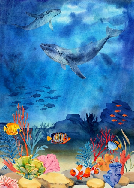 underwater landscape with coral reef mana rays fish and shells seascape illustration ocean water scene with two humpback whales the bottom of the ocean in the tropics