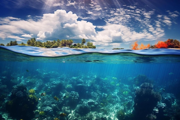 underwater landscape with corals and tropical fish in the water