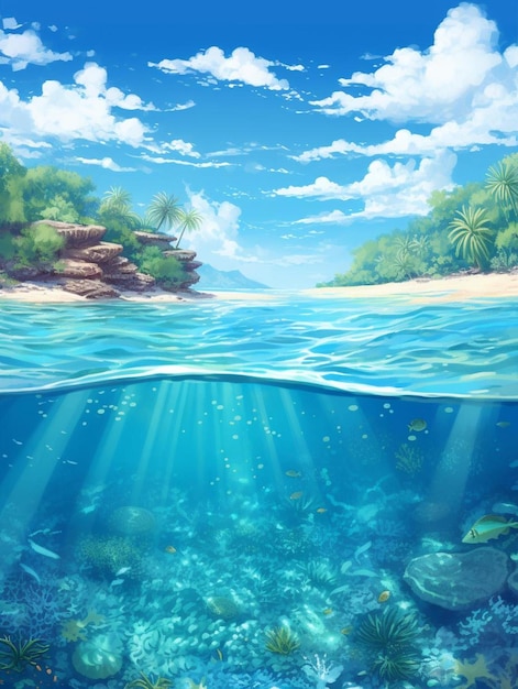 underwater landscape with fish swimming under the water.