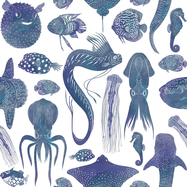 水中生物 シームレスパターン アクアカラーイラスト