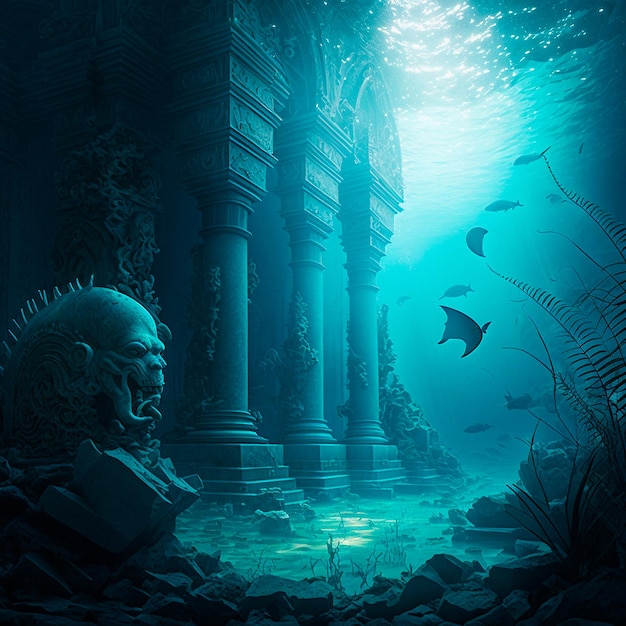 Photo underwater lost city atlantis and its ruins