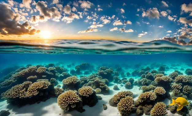 写真 水中の魔法 太陽に照らされた海と水中の景色を分割した景色